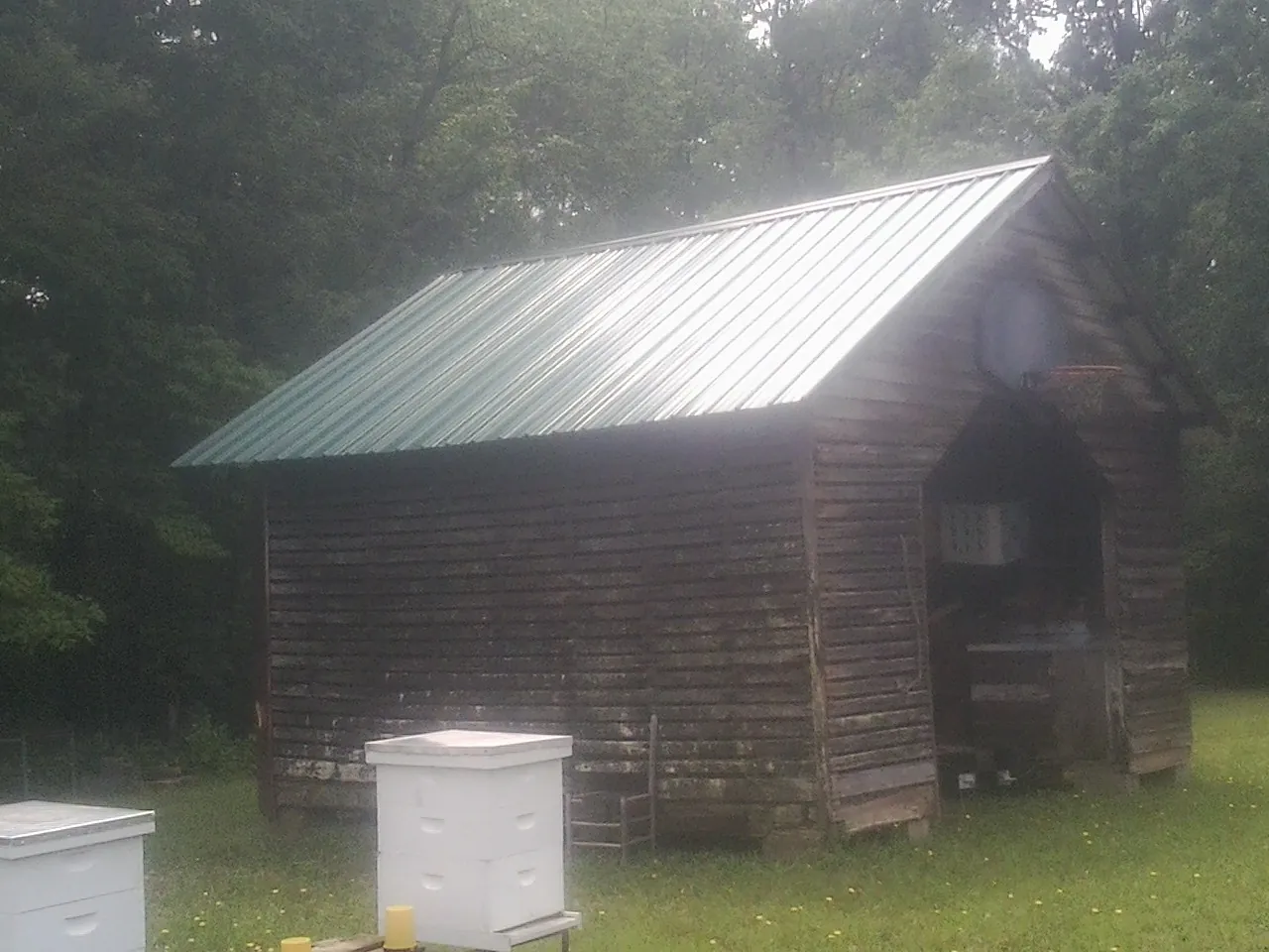 Green metal roof on a weathered barn beside stacked beehives in Guernsey